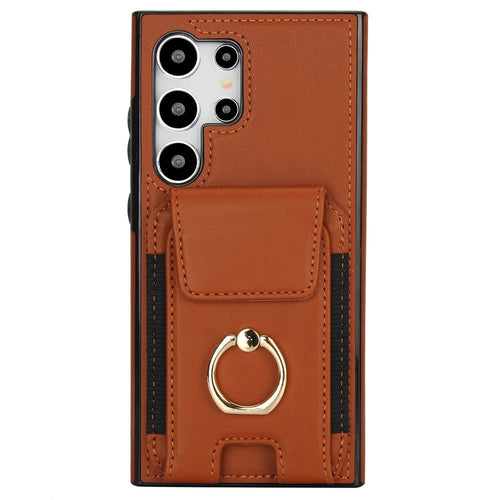 For Samsung Galaxy S24 Ultra Case with Ring Kickstand Leather Coated TPU Phone Cover - Brown - 1