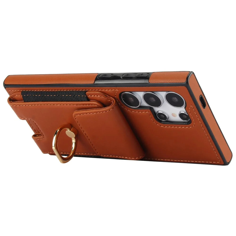 For Samsung Galaxy S24 Ultra Case with Ring Kickstand Leather Coated TPU Phone Cover - Brown - 2