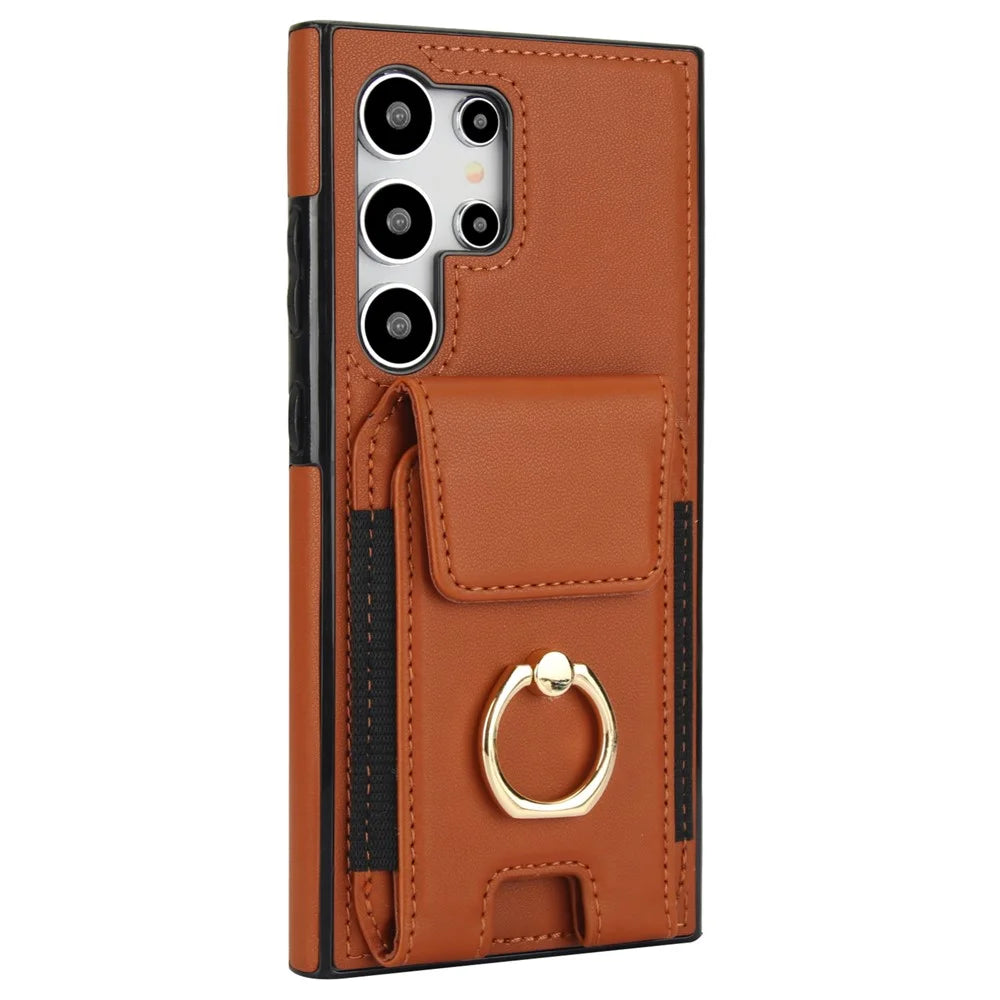 For Samsung Galaxy S24 Ultra Case with Ring Kickstand Leather Coated TPU Phone Cover - Brown - 3