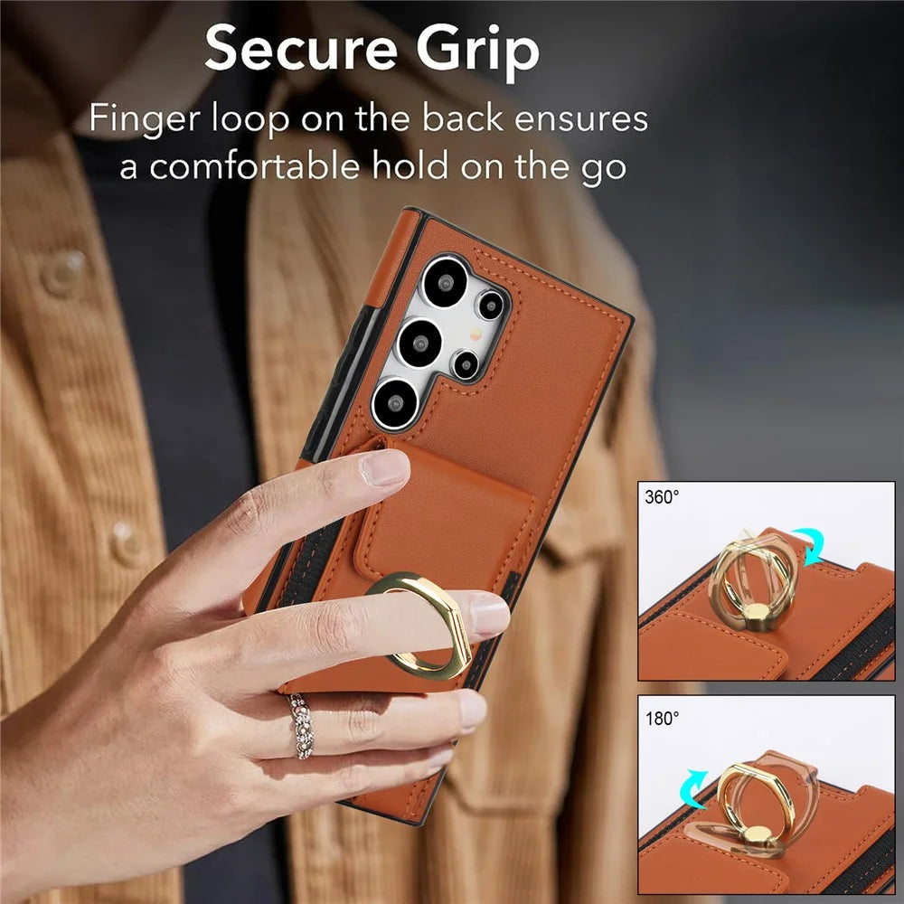 For Samsung Galaxy S24 Ultra Case with Ring Kickstand Leather Coated TPU Phone Cover - Brown - 5