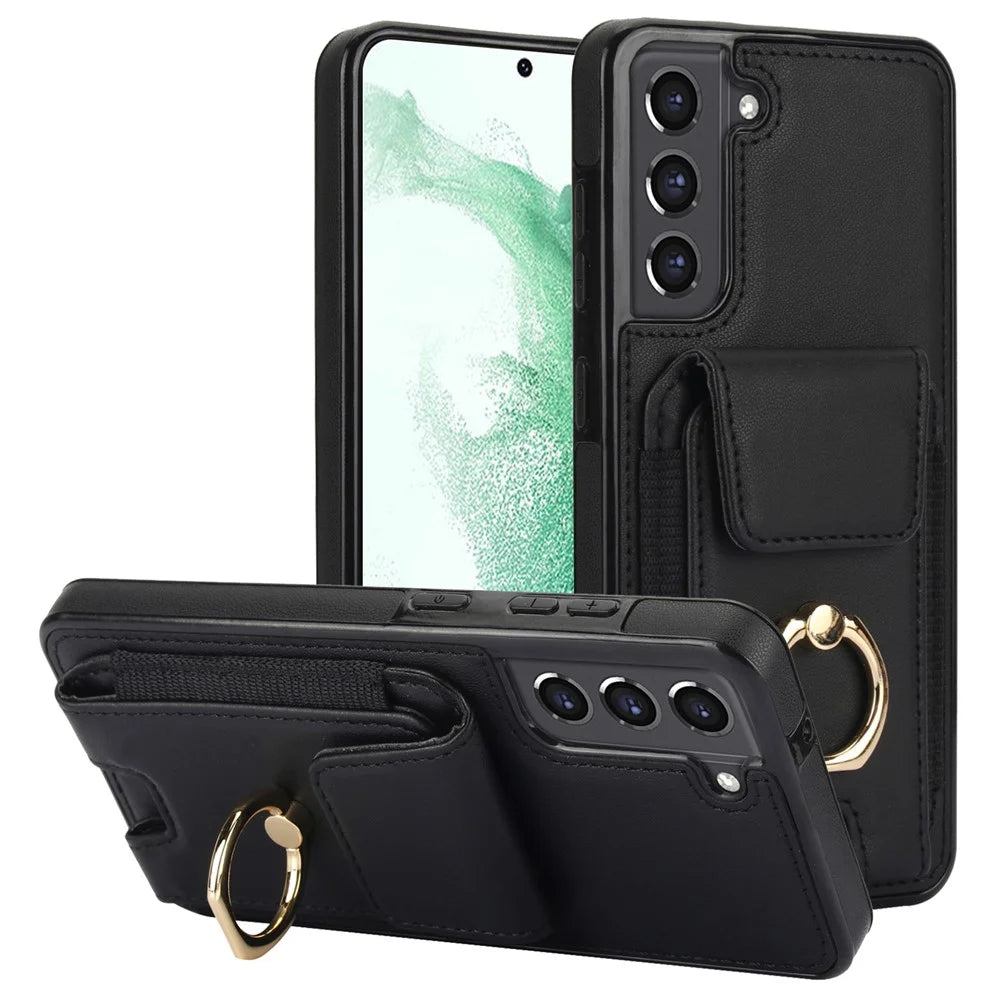For Samsung Galaxy S22+ 5G Case PU Leather Coated TPU Phone Cover with Card Holder - Black - 1