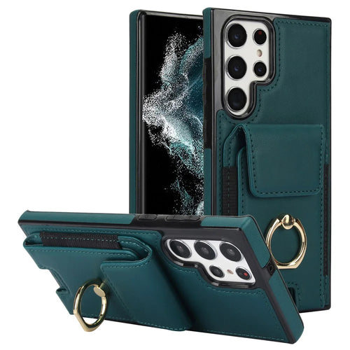 For Samsung Galaxy S22 Ultra 5G Case Card Holder Leather Coated TPU Kickstand Cover - Green - 1
