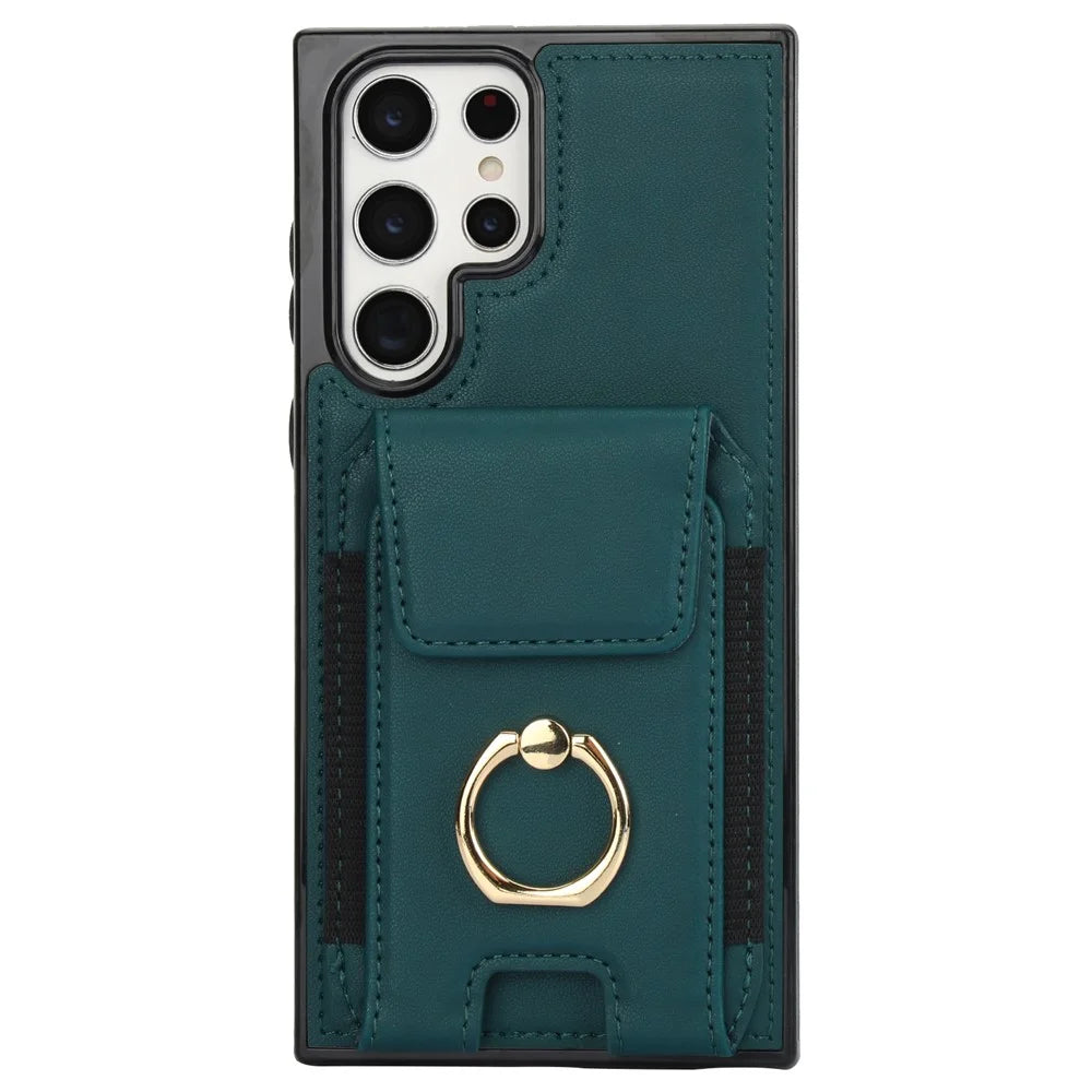 For Samsung Galaxy S22 Ultra 5G Case Card Holder Leather Coated TPU Kickstand Cover - Green - 2