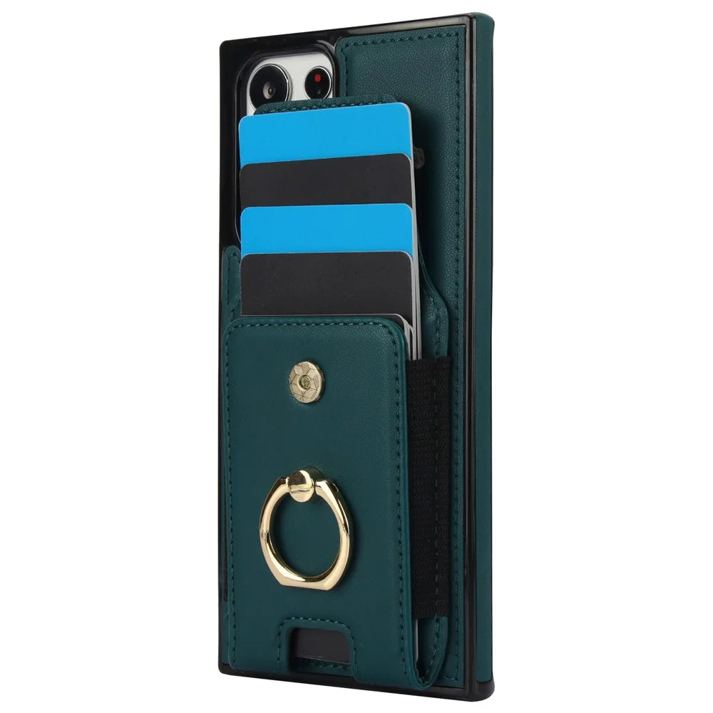For Samsung Galaxy S22 Ultra 5G Case Card Holder Leather Coated TPU Kickstand Cover - Green - 3