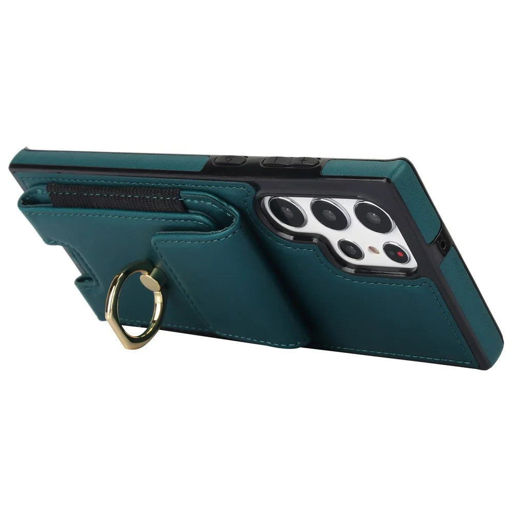 For Samsung Galaxy S22 Ultra 5G Case Card Holder Leather Coated TPU Kickstand Cover - Green - 4