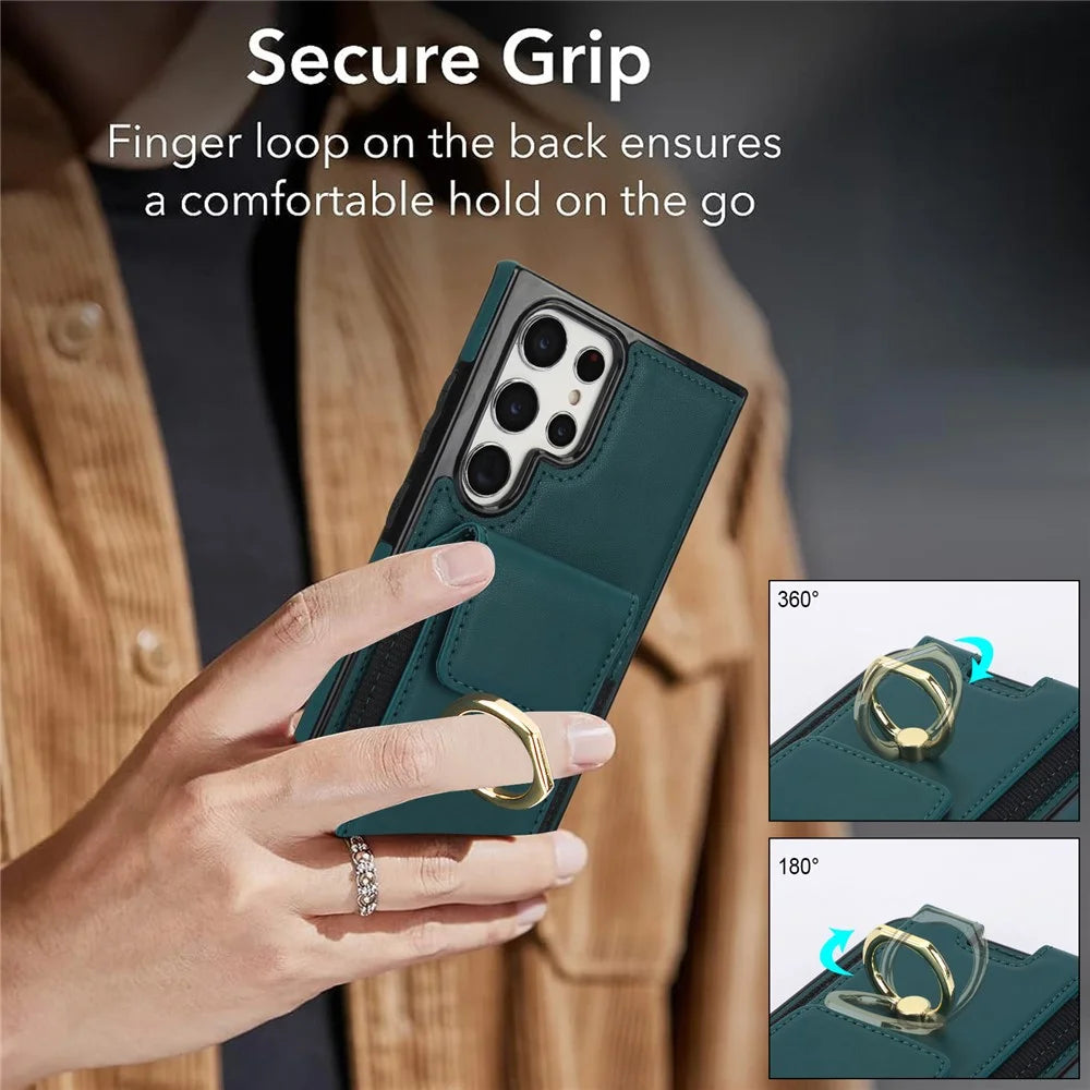 For Samsung Galaxy S22 Ultra 5G Case Card Holder Leather Coated TPU Kickstand Cover - Green - 5