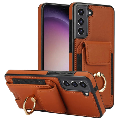 For Samsung Galaxy S23 Kickstand Case PU+TPU Phone Cover with Card Holder - Brown - 1