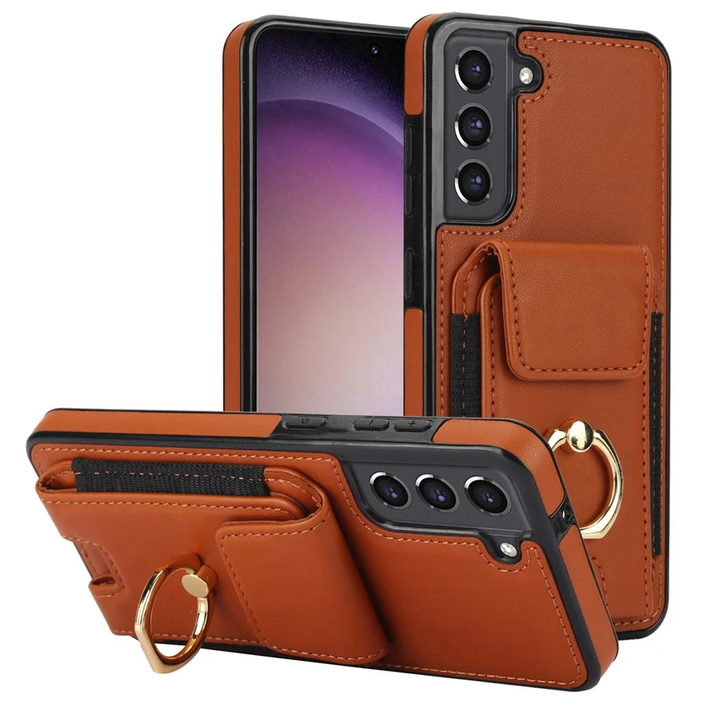 For Samsung Galaxy S23 Kickstand Case PU+TPU Phone Cover with Card Holder - Brown - 1