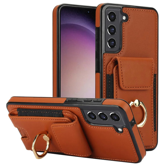 For Samsung Galaxy S23 Kickstand Case PU+TPU Phone Cover with Card Holder - Brown - 1