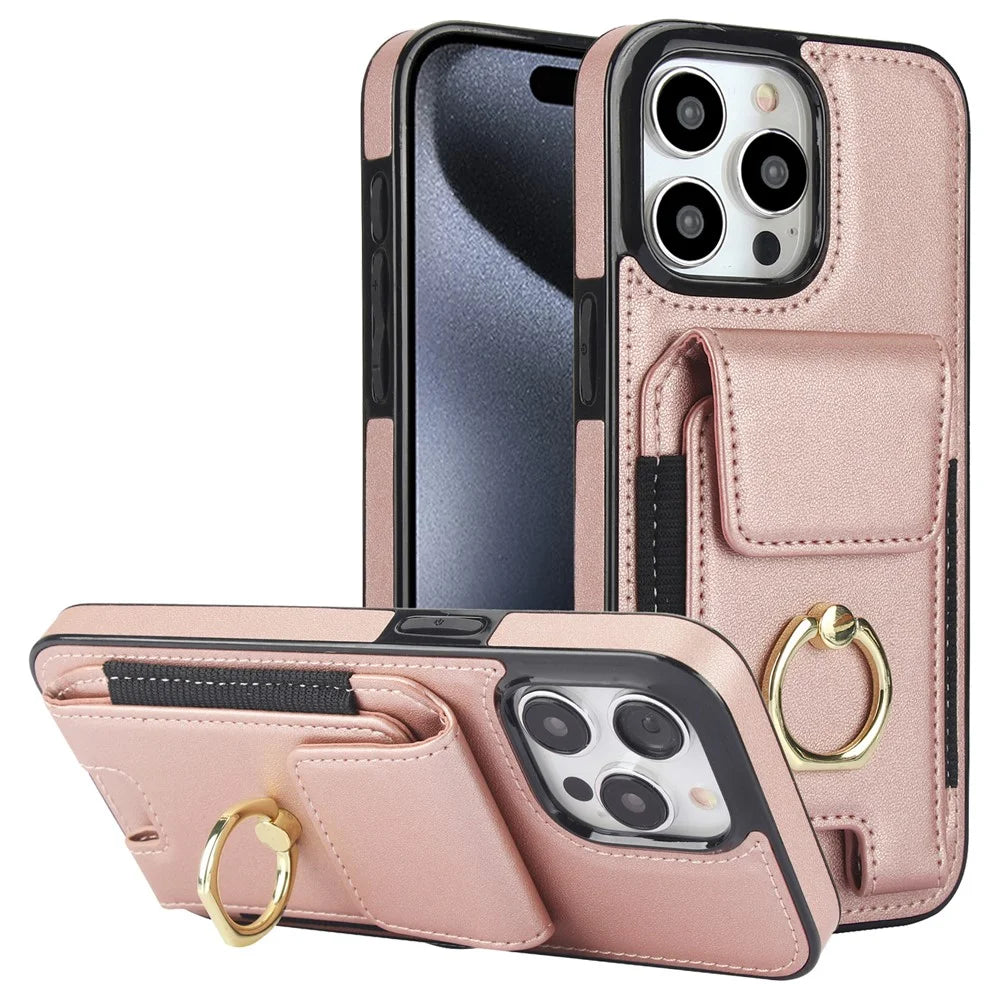 For iPhone 15 Pro Case PU Leather + TPU Anti-Drop Kickstand Phone Cover - Rose Gold - 1