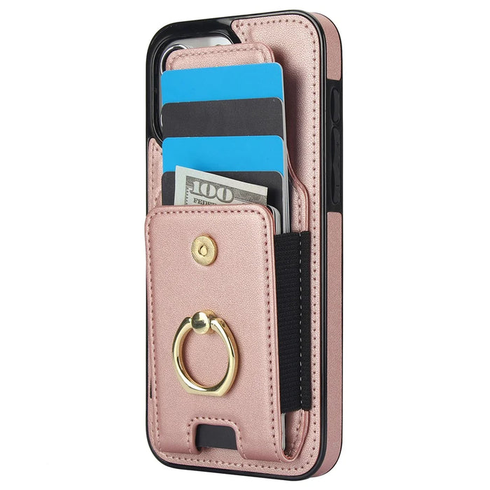 For iPhone 15 Pro Case PU Leather + TPU Anti-Drop Kickstand Phone Cover - Rose Gold - 3