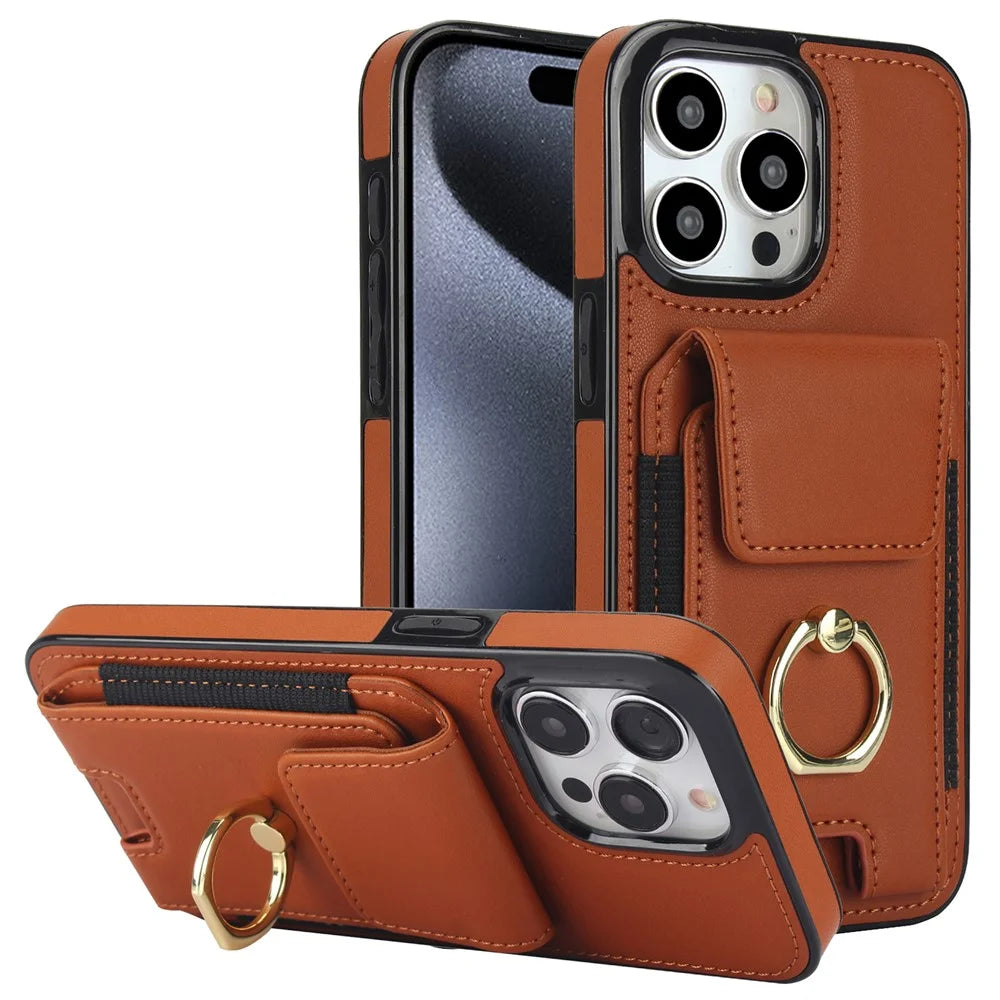 For iPhone 15 Pro Max Case PU Leather+TPU Kickstand Phone Cover with Card Slots - Brown - 1