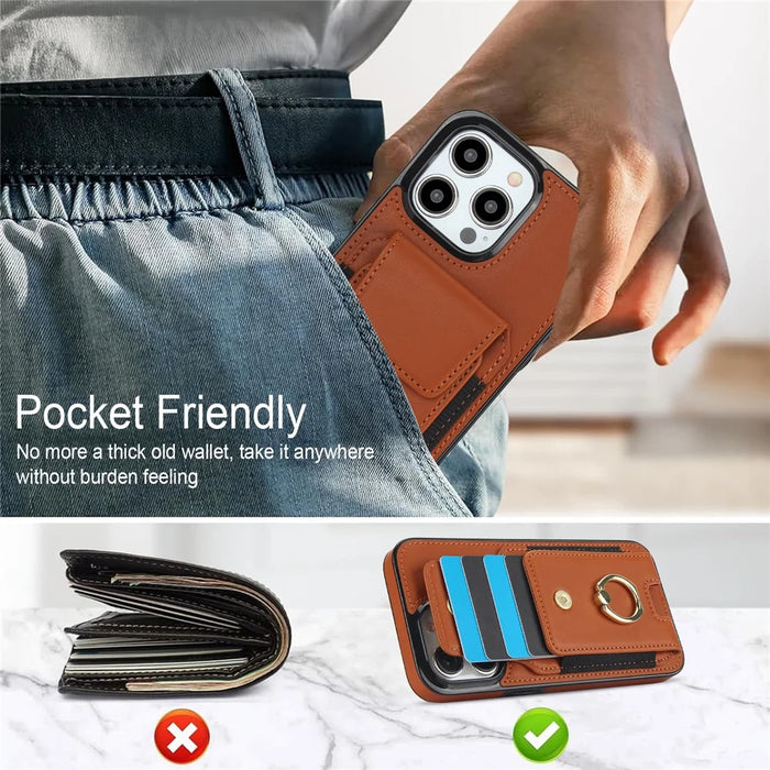For iPhone 15 Pro Max Case PU Leather+TPU Kickstand Phone Cover with Card Slots - Brown - 6