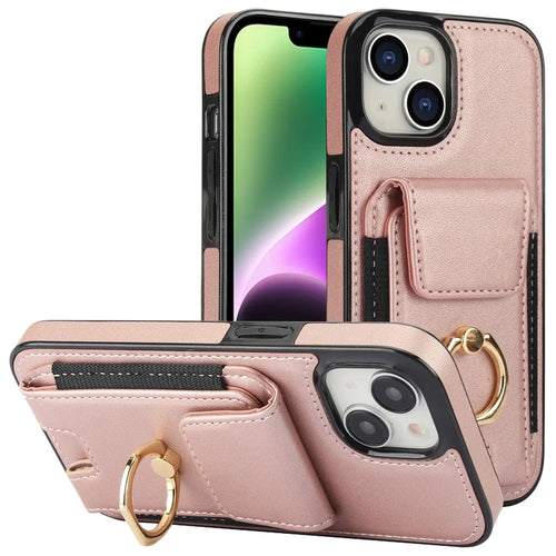 For iPhone 14 Plus Case PU+TPU Kickstand Card Holder Phone Cover - Rose Gold - 1