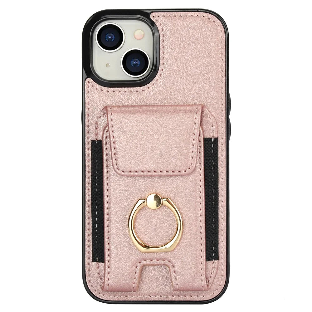 For iPhone 14 Plus Case PU+TPU Kickstand Card Holder Phone Cover - Rose Gold - 2