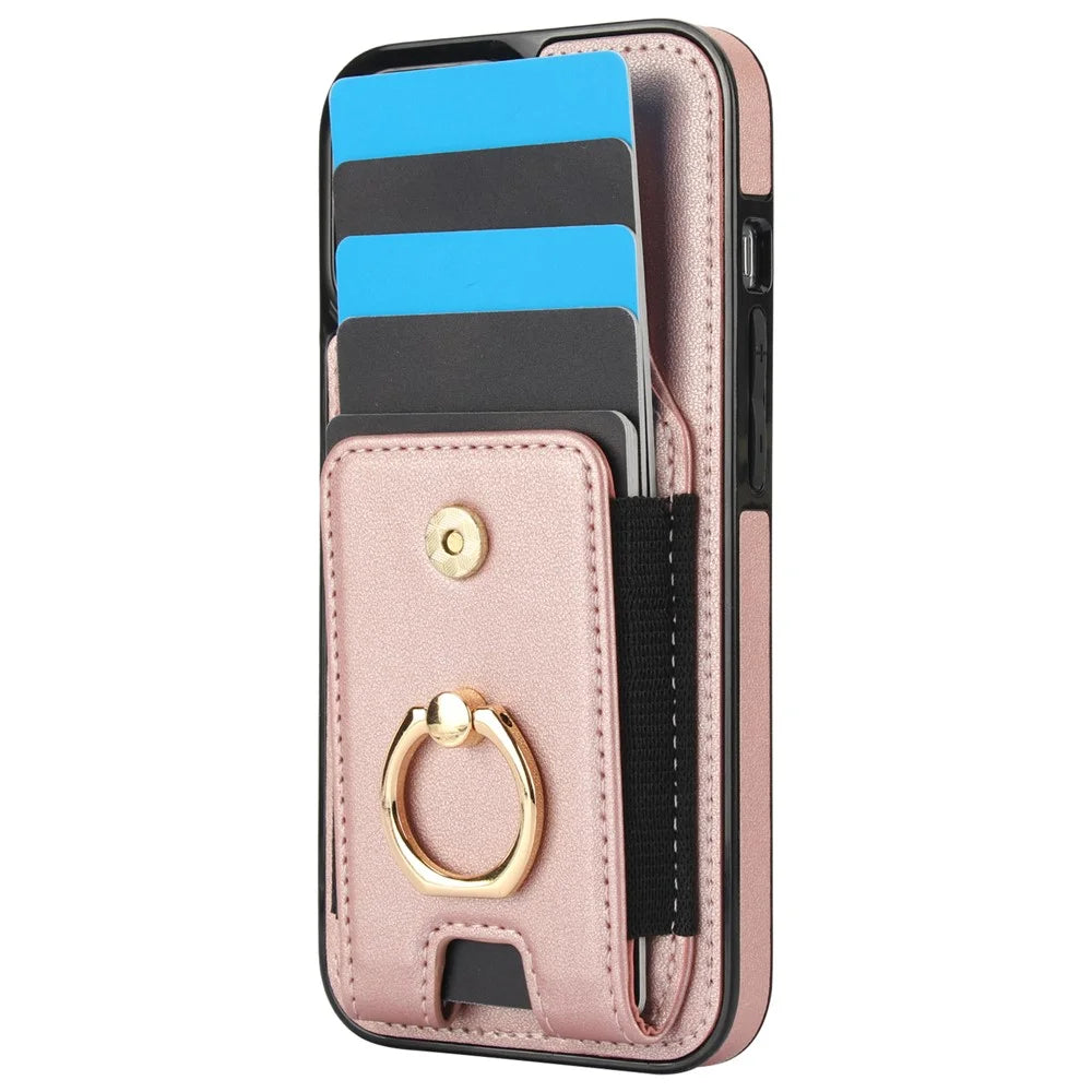 For iPhone 14 Plus Case PU+TPU Kickstand Card Holder Phone Cover - Rose Gold - 3