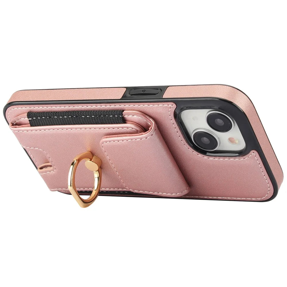 For iPhone 14 Plus Case PU+TPU Kickstand Card Holder Phone Cover - Rose Gold - 4