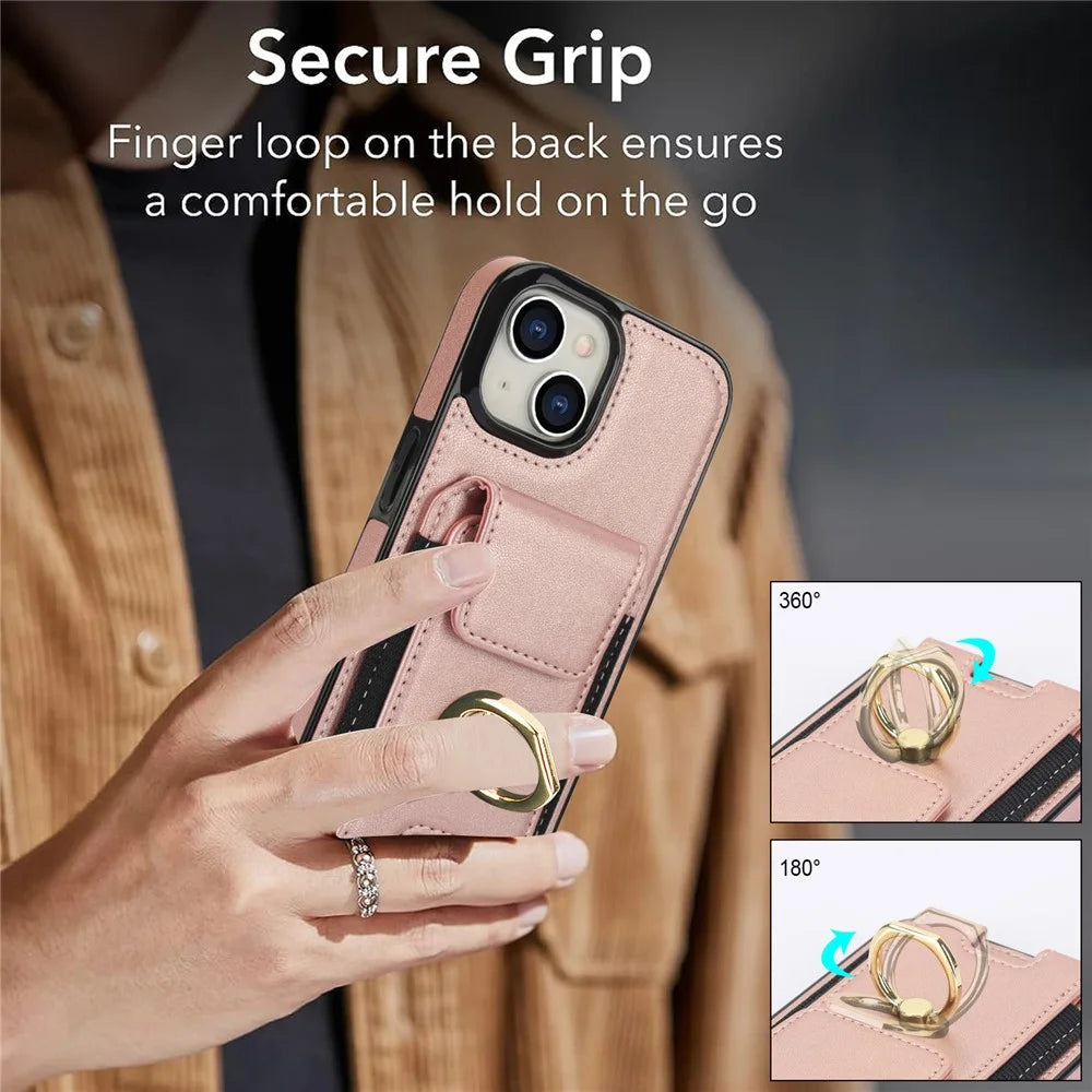 For iPhone 14 Plus Case PU+TPU Kickstand Card Holder Phone Cover - Rose Gold - 5