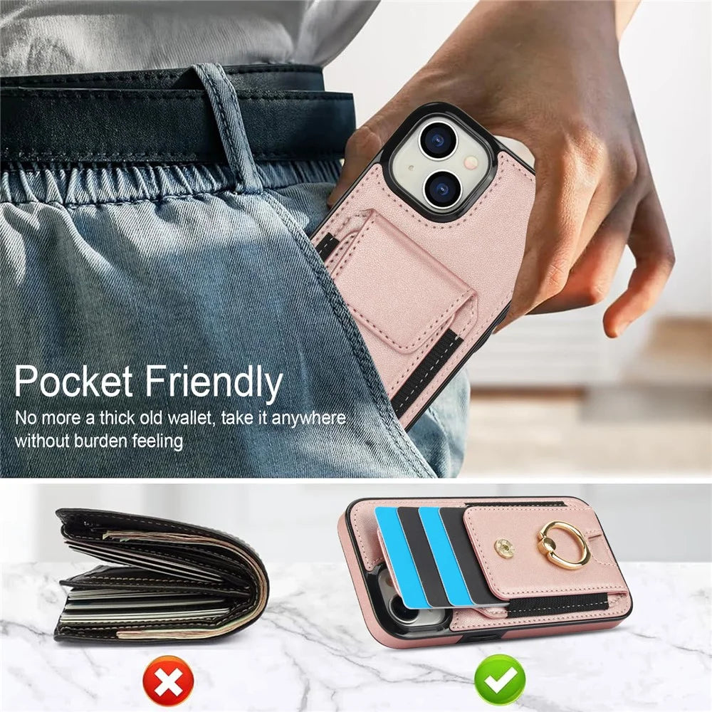 For iPhone 14 Plus Case PU+TPU Kickstand Card Holder Phone Cover - Rose Gold - 6