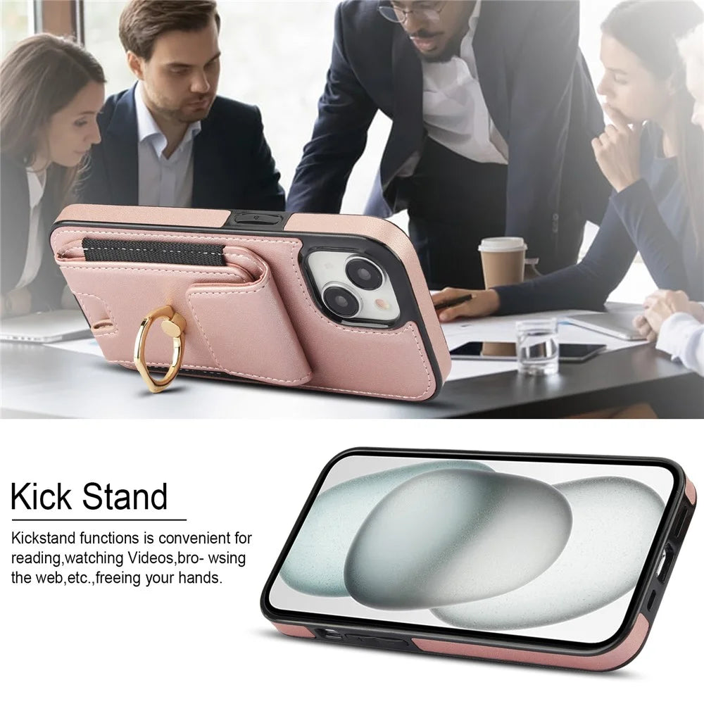 For iPhone 14 Plus Case PU+TPU Kickstand Card Holder Phone Cover - Rose Gold - 7