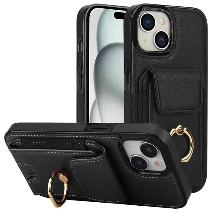 For iPhone 15 Plus Kickstand Case Drop-proof PU Leather+TPU Phone  Protector - Black - 1