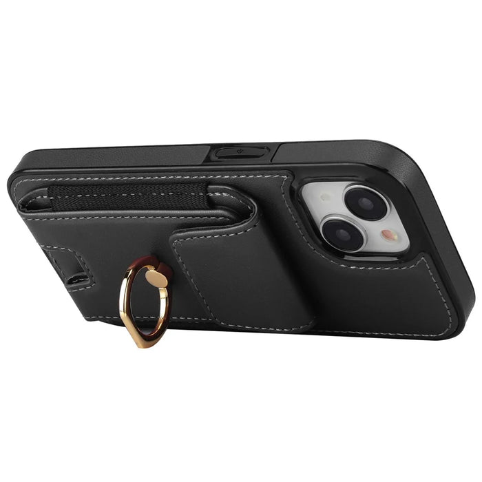 For iPhone 15 Plus Kickstand Case Drop-proof PU Leather+TPU Phone  Protector - Black - 4