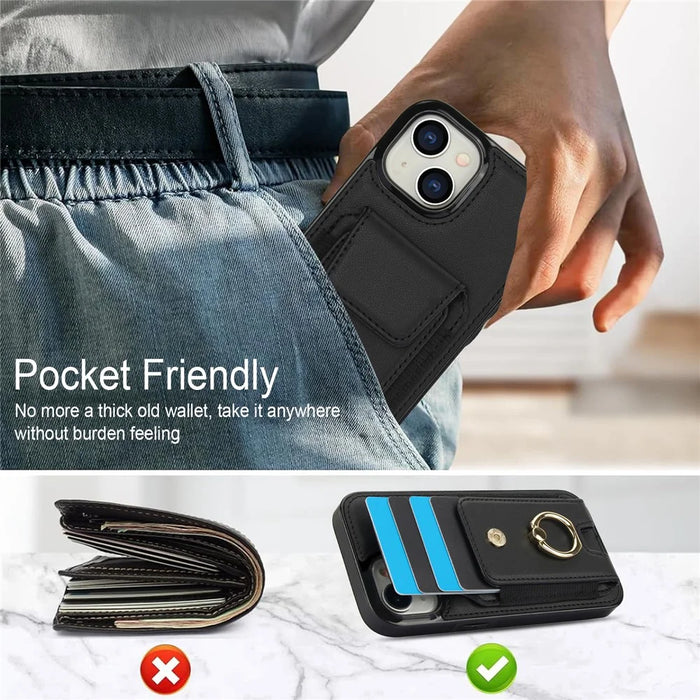 For iPhone 15 Plus Kickstand Case Drop-proof PU Leather+TPU Phone  Protector - Black - 6