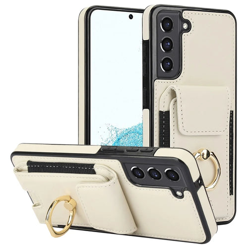 ForSamsung Galaxy S22 5G Anti-Drop Phone Case PU Leather + TPU Kickstand Phone Cover - Apricot - 1