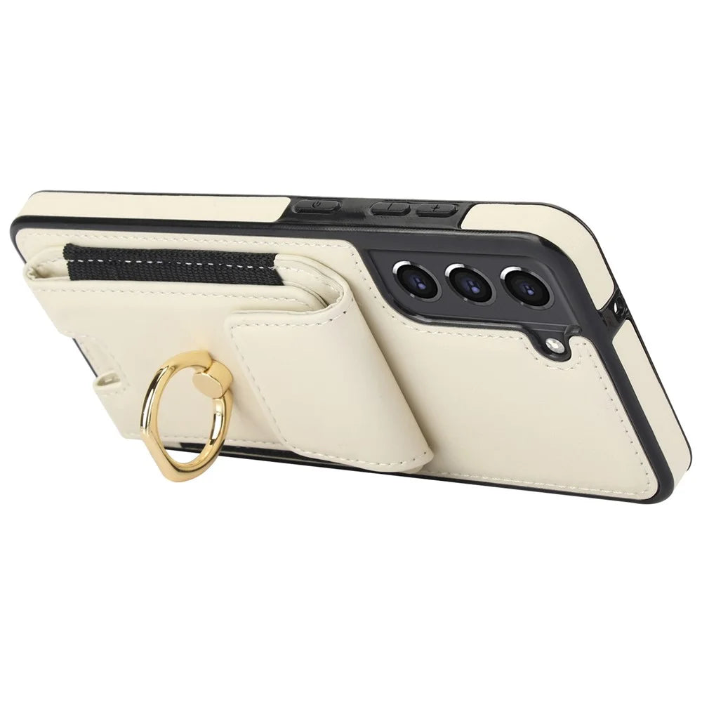 ForSamsung Galaxy S22 5G Anti-Drop Phone Case PU Leather + TPU Kickstand Phone Cover - Apricot - 4
