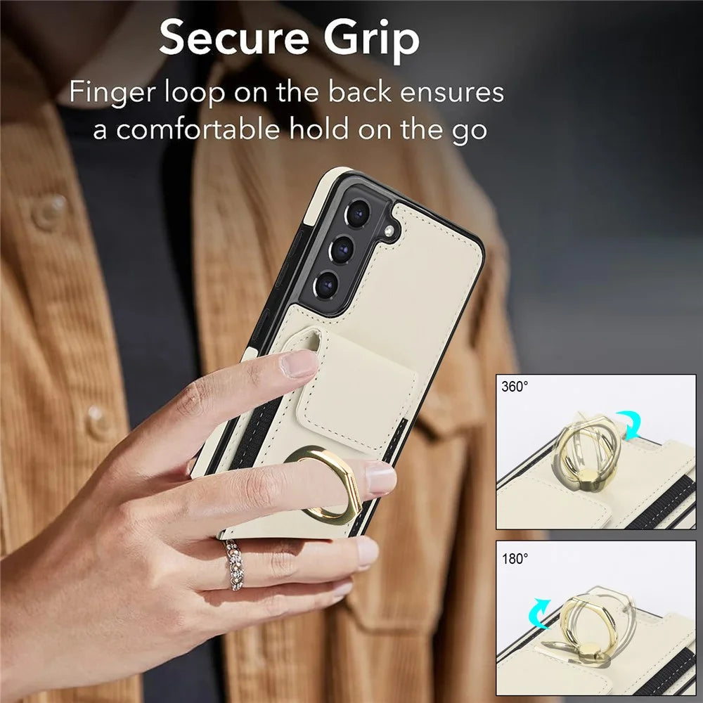 ForSamsung Galaxy S22 5G Anti-Drop Phone Case PU Leather + TPU Kickstand Phone Cover - Apricot - 5
