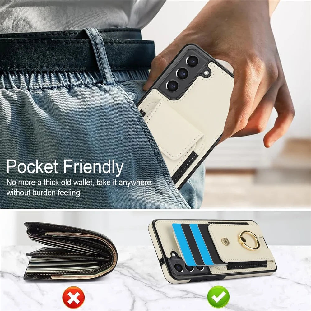ForSamsung Galaxy S22 5G Anti-Drop Phone Case PU Leather + TPU Kickstand Phone Cover - Apricot - 6