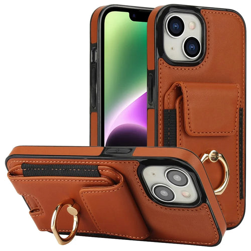 For iPhone 14 Case Card Holder Leather Coated TPU Shockproof Phone Cover with Ring Kickstand - Brown - 1