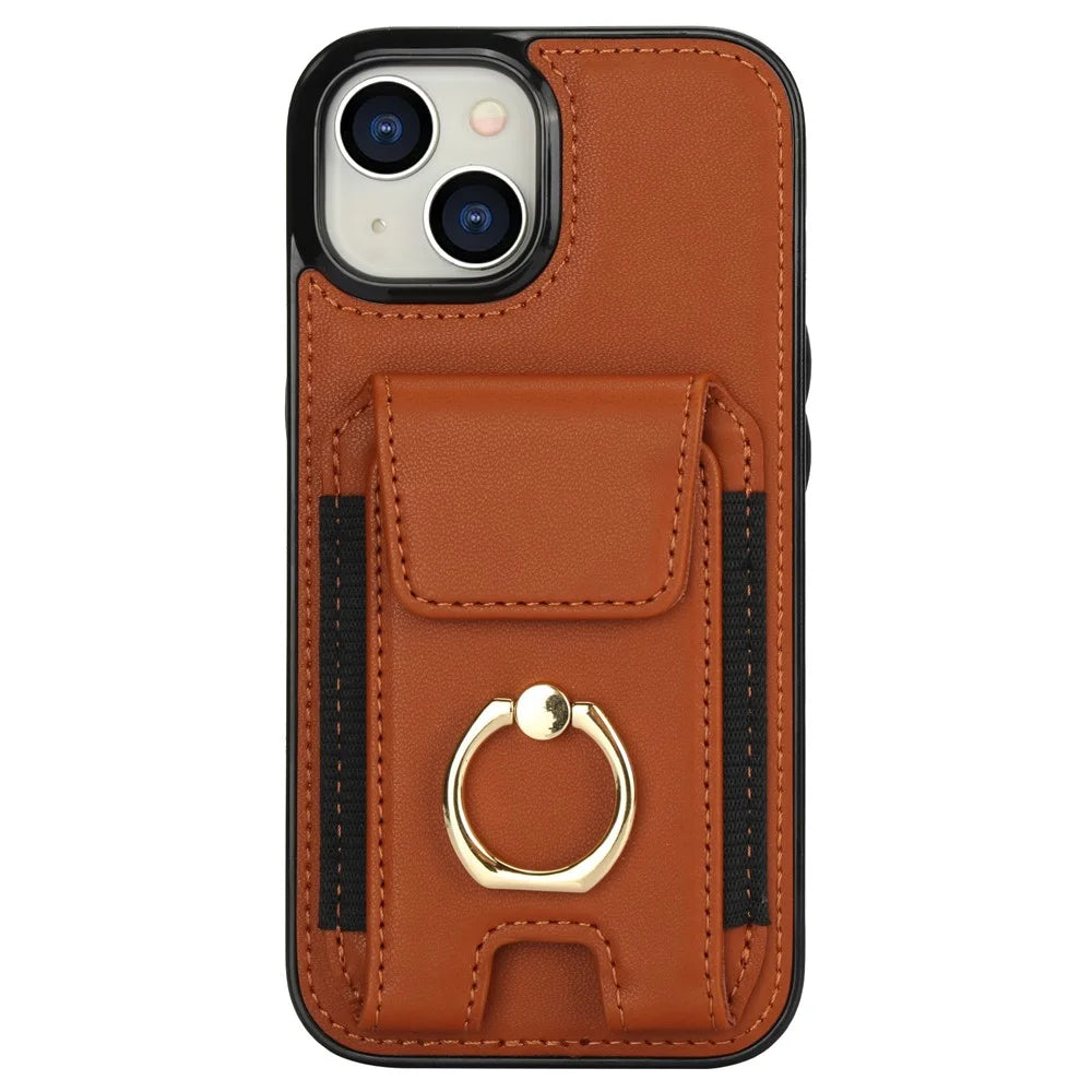 For iPhone 14 Case Card Holder Leather Coated TPU Shockproof Phone Cover with Ring Kickstand - Brown - 2