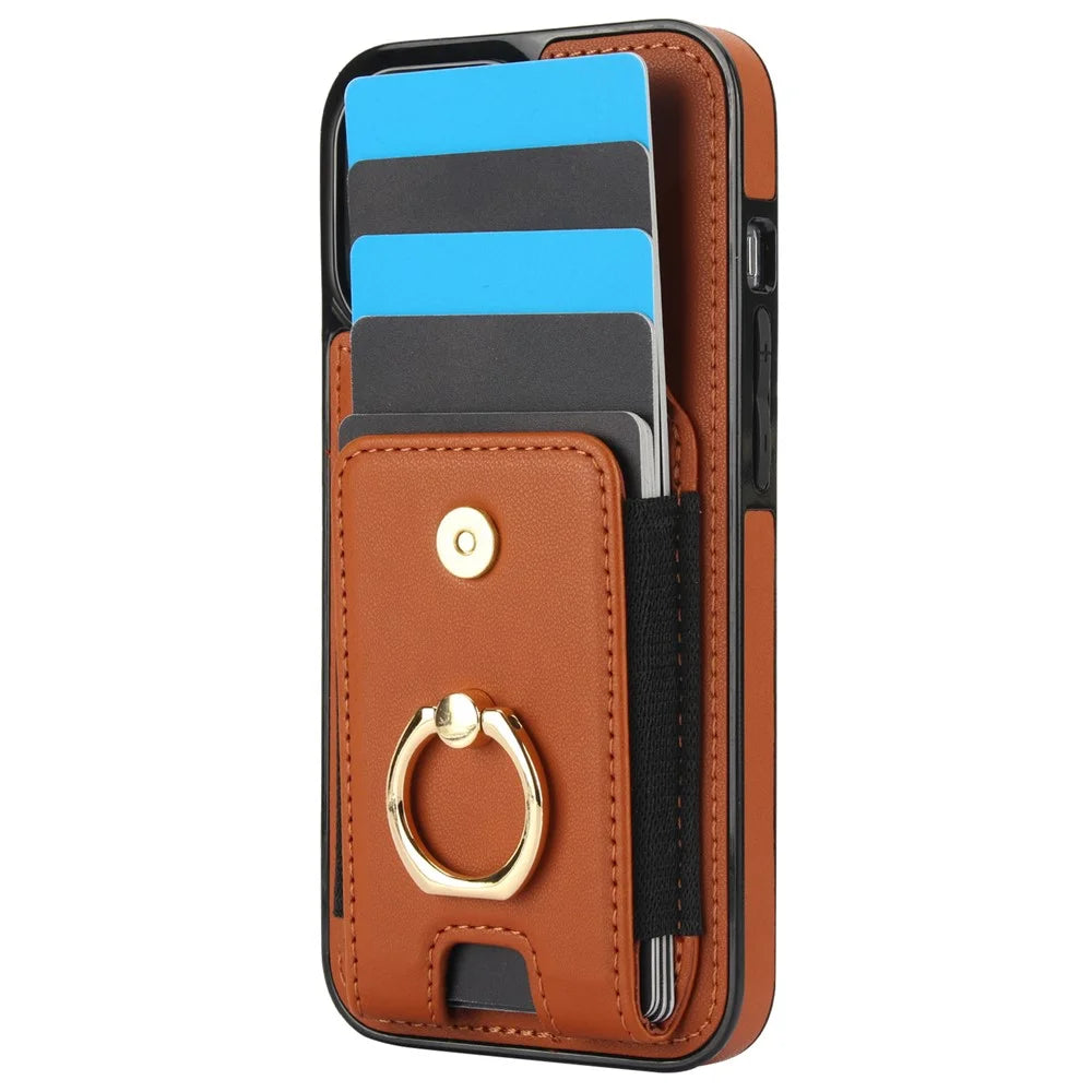 For iPhone 14 Case Card Holder Leather Coated TPU Shockproof Phone Cover with Ring Kickstand - Brown - 3
