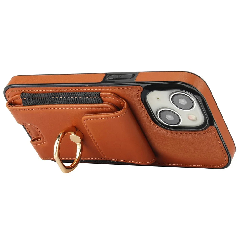 For iPhone 14 Case Card Holder Leather Coated TPU Shockproof Phone Cover with Ring Kickstand - Brown - 4