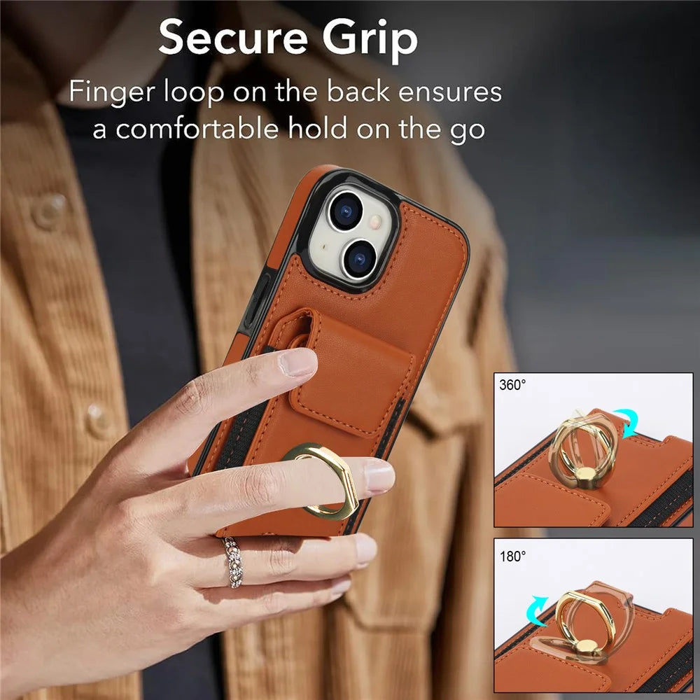 For iPhone 14 Case Card Holder Leather Coated TPU Shockproof Phone Cover with Ring Kickstand - Brown - 5
