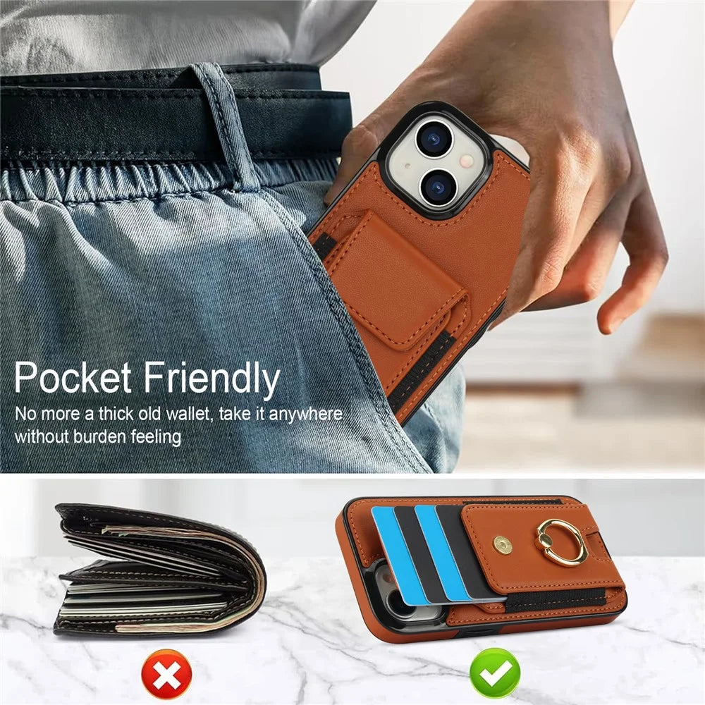 For iPhone 14 Case Card Holder Leather Coated TPU Shockproof Phone Cover with Ring Kickstand - Brown - 6
