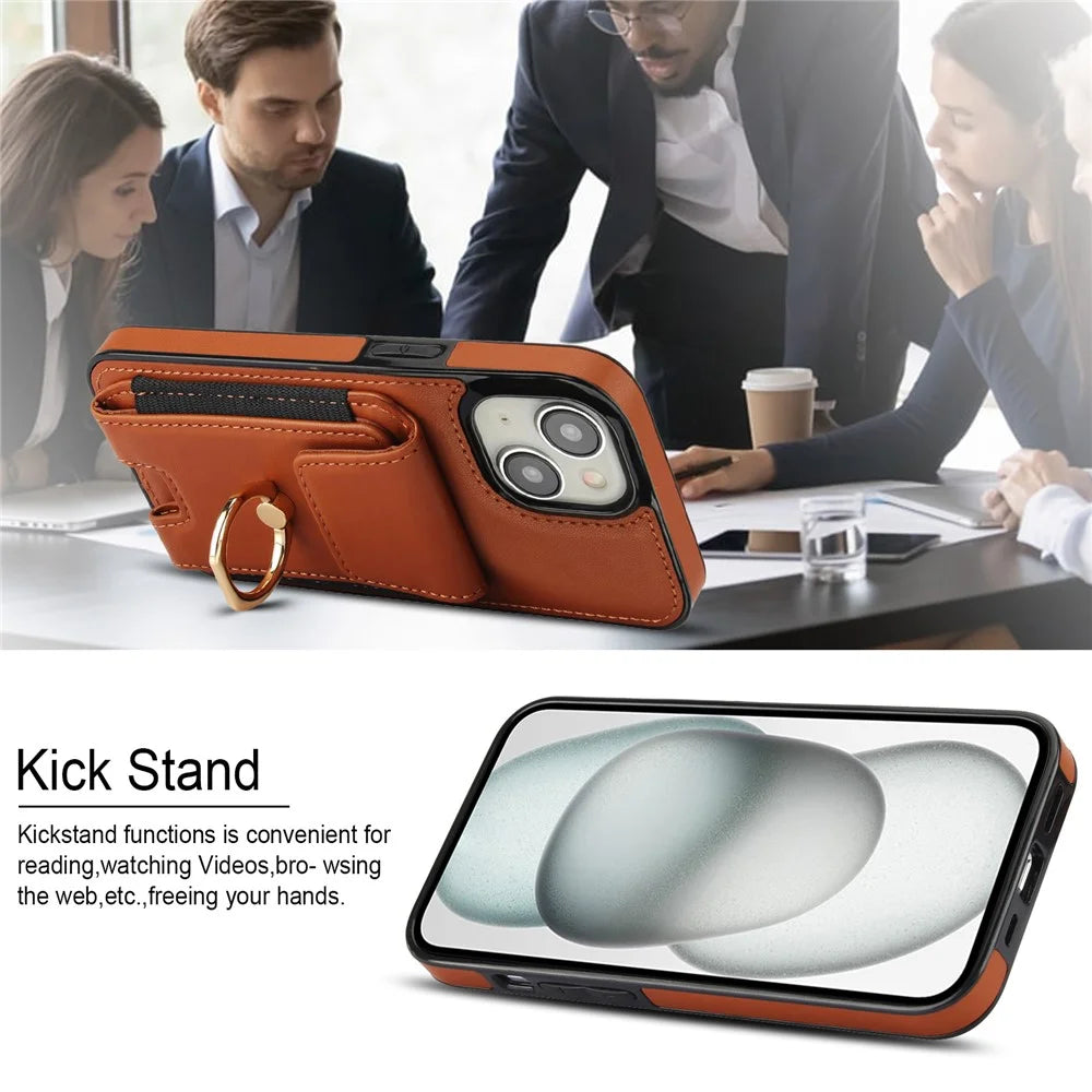For iPhone 14 Case Card Holder Leather Coated TPU Shockproof Phone Cover with Ring Kickstand - Brown - 7