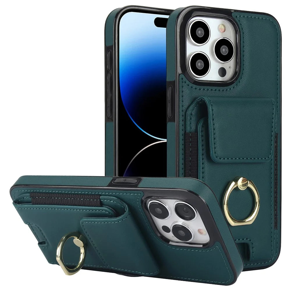 For iPhone 14 Pro Cover TPU Phone Protective Case Leather Card Holder with Ring Kickstand - Green - 1