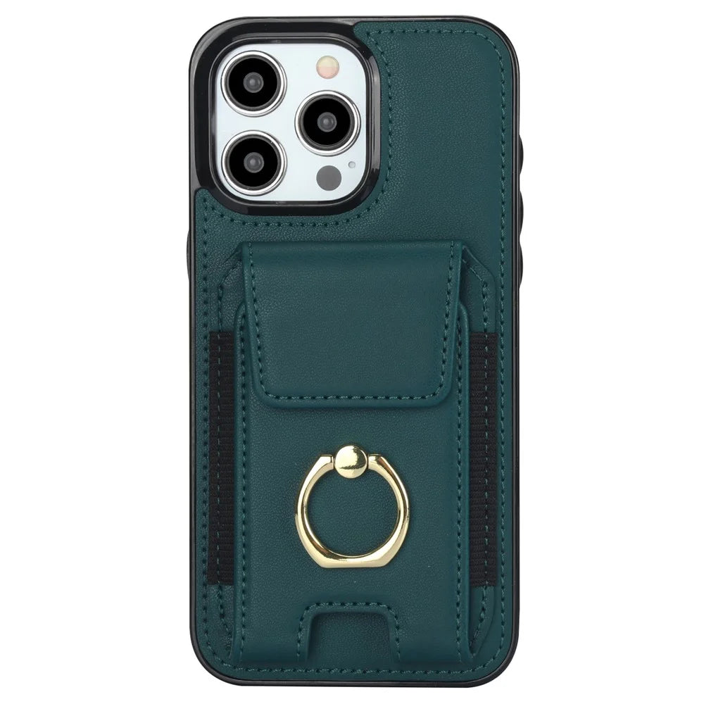 For iPhone 14 Pro Cover TPU Phone Protective Case Leather Card Holder with Ring Kickstand - Green - 2