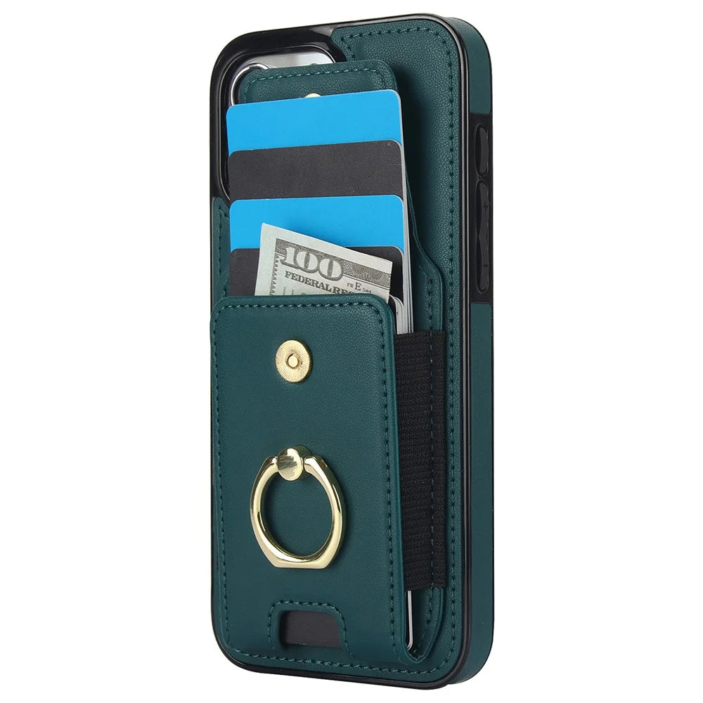 For iPhone 14 Pro Cover TPU Phone Protective Case Leather Card Holder with Ring Kickstand - Green - 3