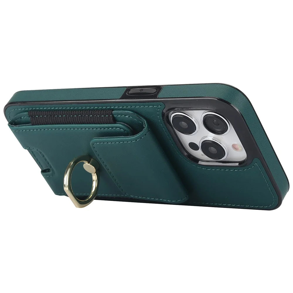 For iPhone 14 Pro Cover TPU Phone Protective Case Leather Card Holder with Ring Kickstand - Green - 4
