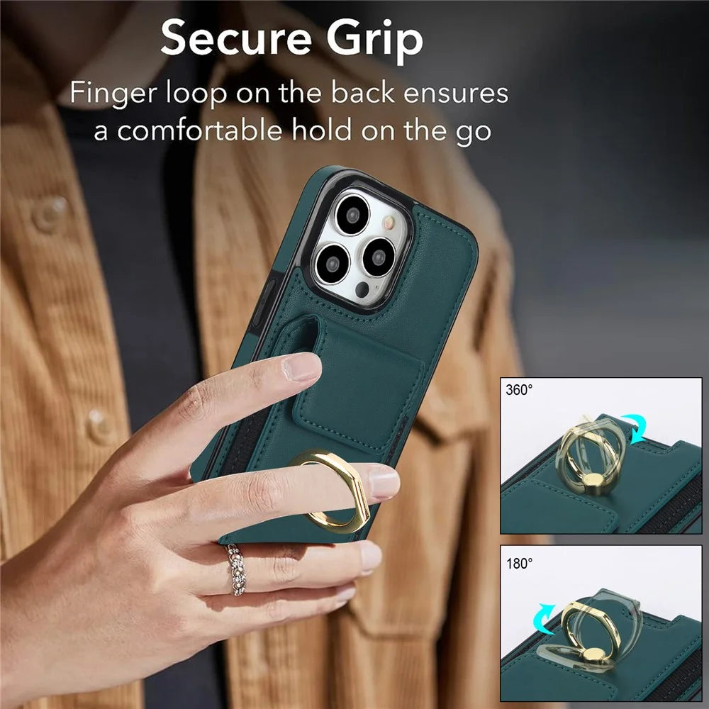For iPhone 14 Pro Cover TPU Phone Protective Case Leather Card Holder with Ring Kickstand - Green - 5