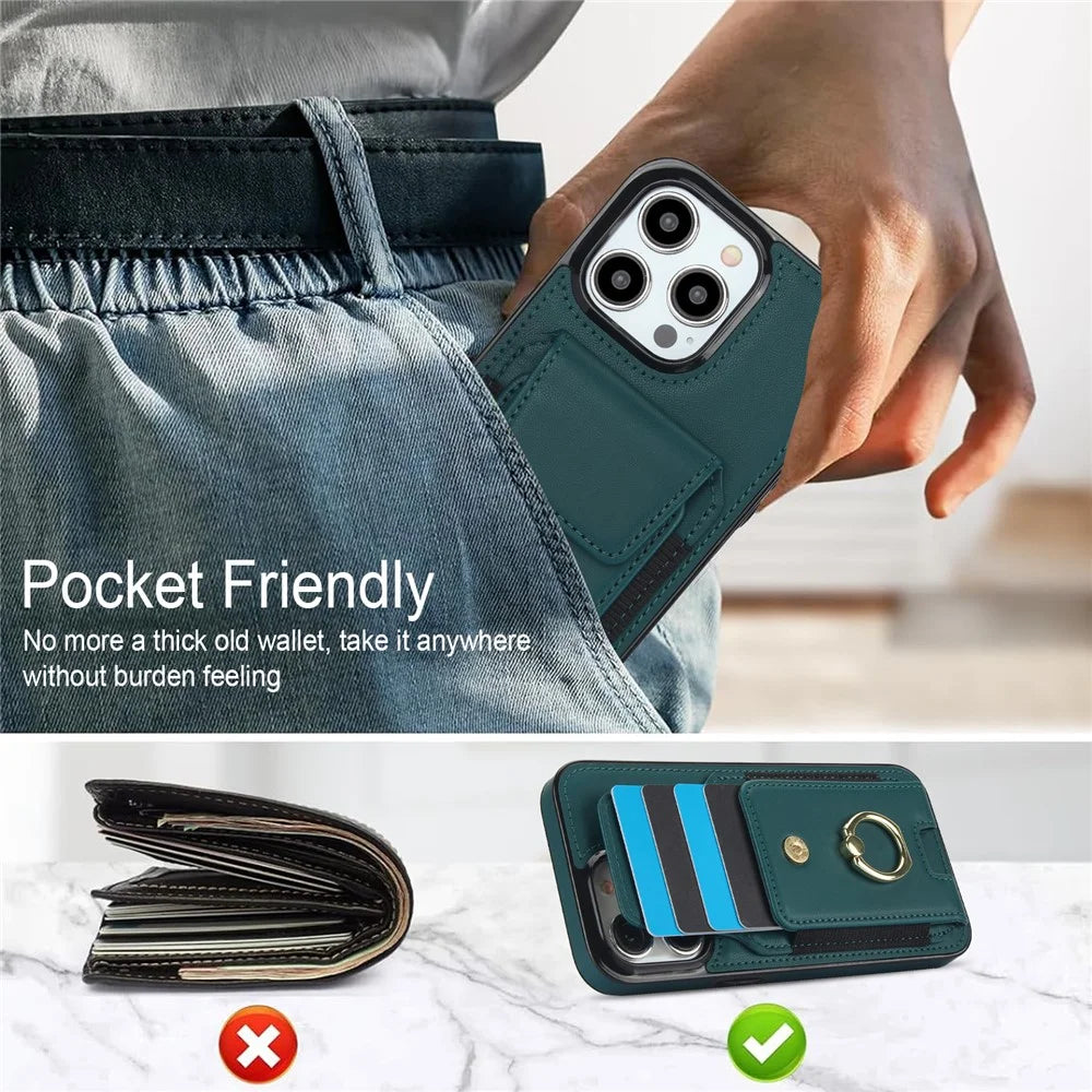 For iPhone 14 Pro Cover TPU Phone Protective Case Leather Card Holder with Ring Kickstand - Green - 6