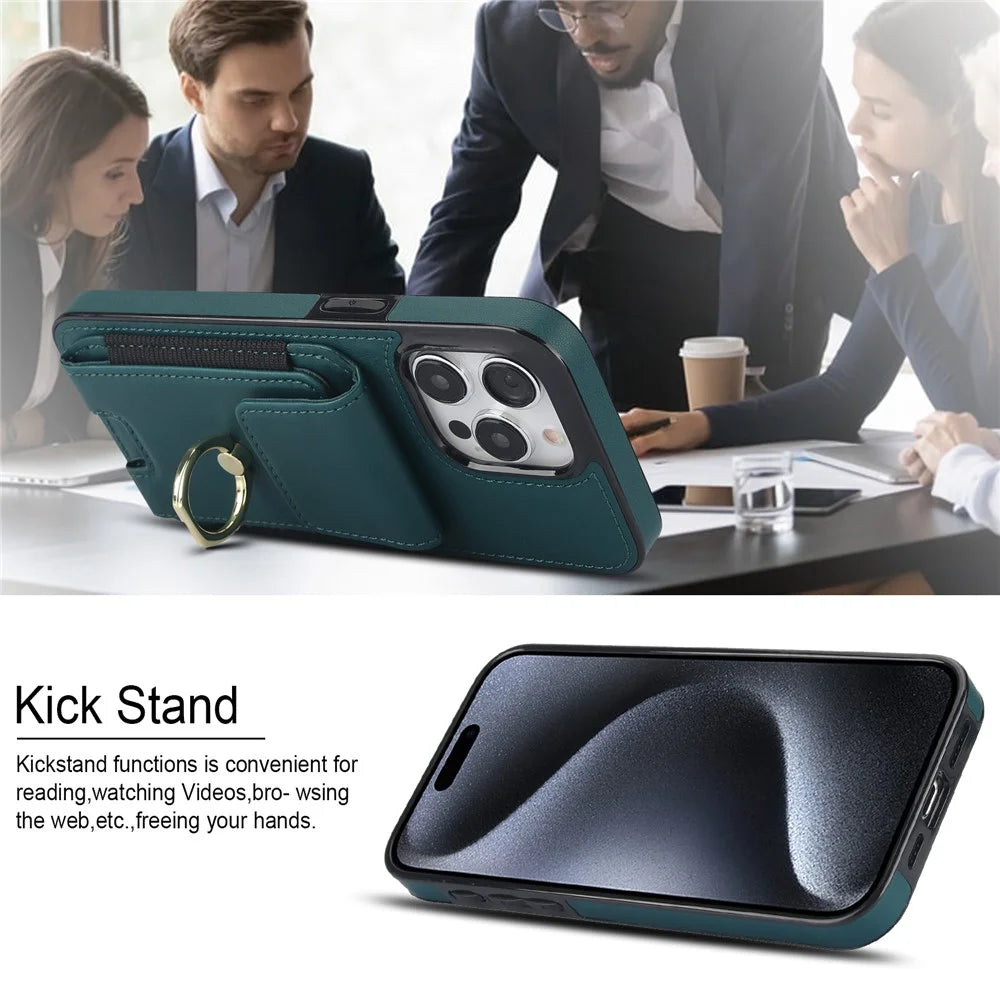 For iPhone 14 Pro Cover TPU Phone Protective Case Leather Card Holder with Ring Kickstand - Green - 7