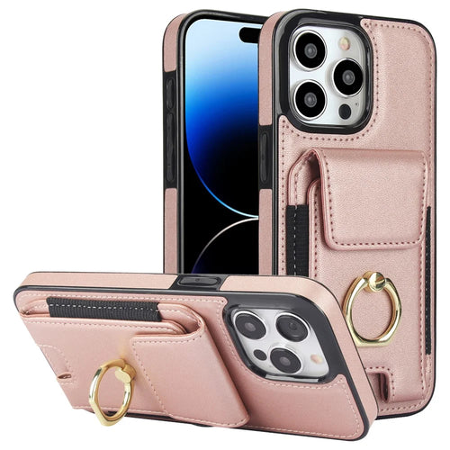 For iPhone 14 Pro Max Case Card Holder Kickstand Leather Coated TPU Phone Cover - Rose Gold - 1