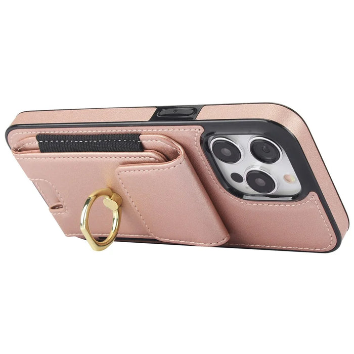 For iPhone 14 Pro Max Case Card Holder Kickstand Leather Coated TPU Phone Cover - Rose Gold - 4