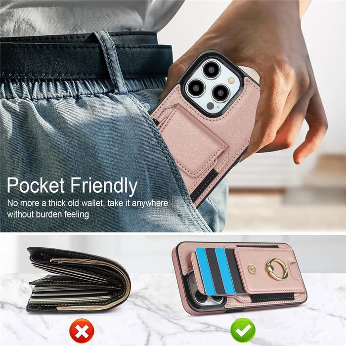 For iPhone 14 Pro Max Case Card Holder Kickstand Leather Coated TPU Phone Cover - Rose Gold - 6