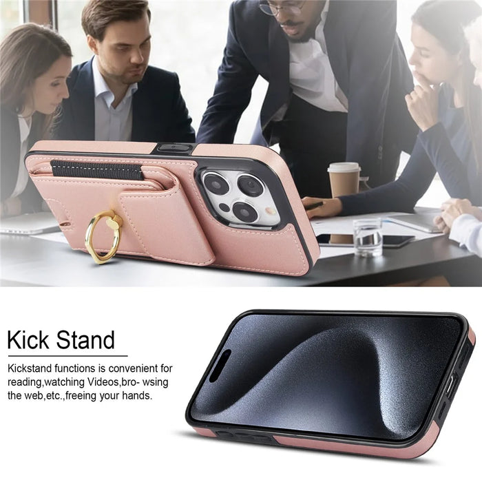 For iPhone 14 Pro Max Case Card Holder Kickstand Leather Coated TPU Phone Cover - Rose Gold - 7