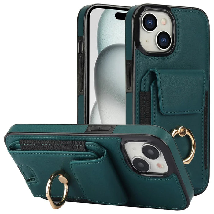 For iPhone 15 Kickstand Case Leather + TPU Phone Cover with Card Holder - Green - 1